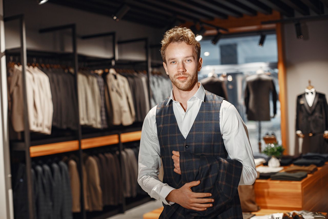 Home Handsome man wearing plaid vest in a boutique surrounded by suits.